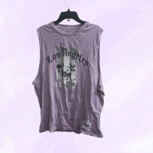 Primark men's sleeveless "Los Angeles" tank top with palm trees lavender purple